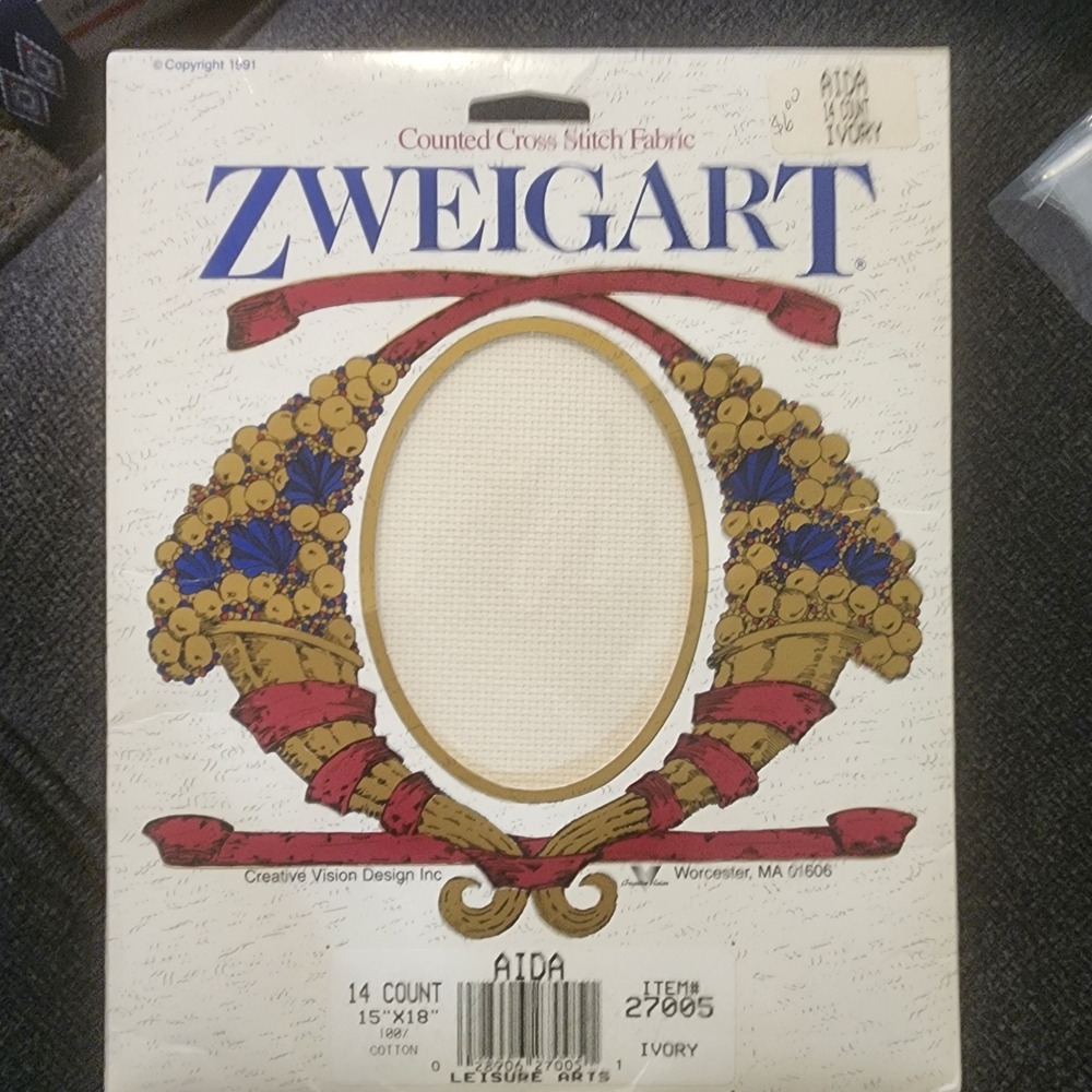 Zweigart IVORY‎ Aida 14 Count 15"X 18" Cross Stitch Cloth Fabric  New 1991